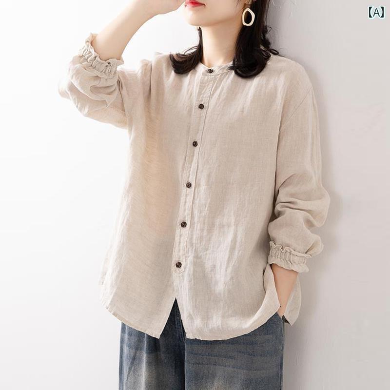 レディース　　シャツ　トップス 対外 フランス 単一 文学 レトロ 綿 リネン 長袖 シャツ レディース 春秋 大きいサイズ カジュアル カーディガン リネンシャツ