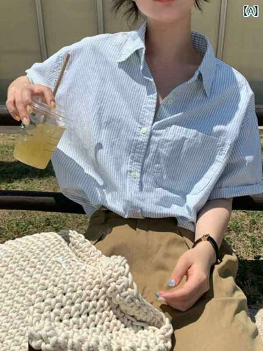 レディース シャツ トップス 夏用の 女性用 ブルーストライプ ショルダー 半袖 シャツ ポロ カラー コットンと リネンの トップス レディース シャツ トップス 夏用の 女性用 ブルーストライプ ショルダー 半袖 シャツ ポロ カラー コットンと リネンの トップス