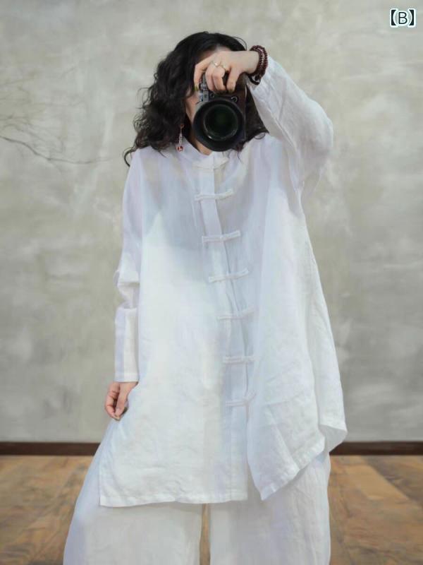 レディース　　シャツ　トップス 秋に 着る レディース 中国 禅 風 ダブルブレスト ボタン 付き コットンと リネンの 長袖 シャツ ミディアムと ロング スタイル 無地 仏教 リネンカーディガン トップ