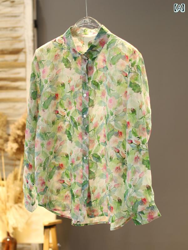 レディース　　シャツ　トップス 2025 春 活発な 若 見え プリントの 薄手 透明 シャツ ゆったり ラミー 文学 通勤 女性用