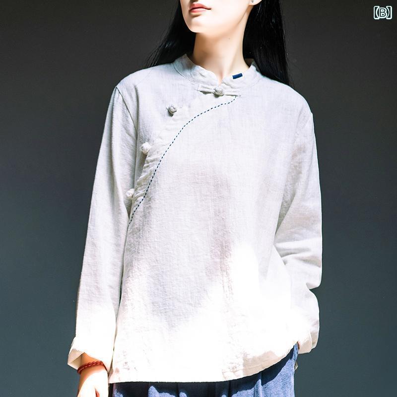 レディース　　シャツ　トップス リネン レトロ スタンドカラー シャツ レディース 春秋 2024 チャイナ風 ティー スーツ ボタン トップ 長袖 コットンと リネンシャツ