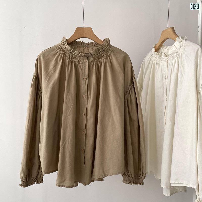 レディース　　Tシャツ　ゆったり の ビッグ の カット ラベル 花 芽 菌 襟 綿 麻 長袖 シャツ レディース 秋 和風 老化 防止 リネンシャツ