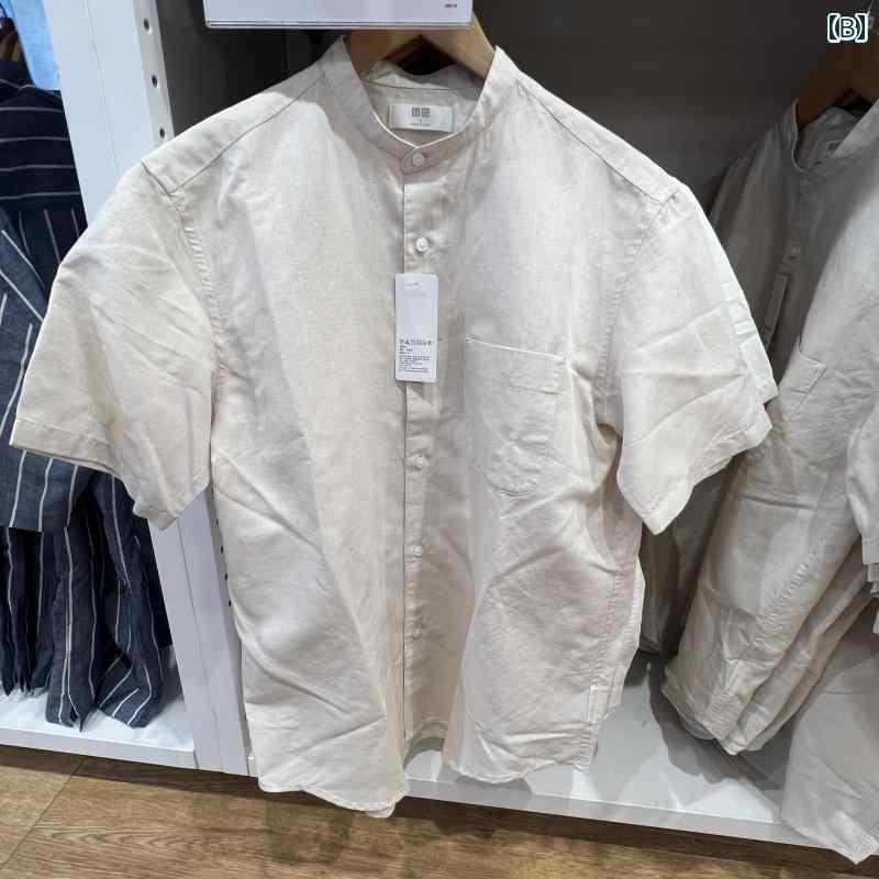 レディース　　シャツ　トップス フィッティングルーム 夏 男女兼用 カップル リネン コットン スタンドカラー シャツ 半袖 ゆったり 457438