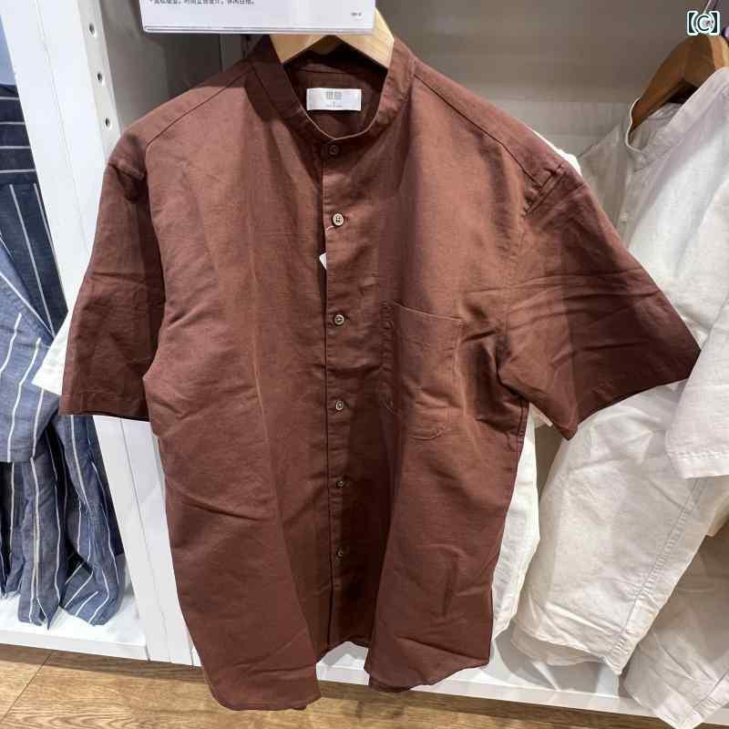 レディース　　シャツ　トップス フィッティングルーム 夏 男女兼用 カップル リネン コットン スタンドカラー シャツ 半袖 ゆったり 457438