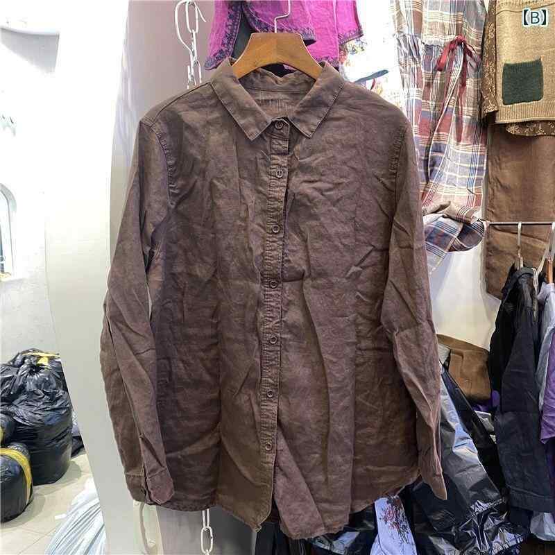 レディース　　シャツ　トップス フランスと イタリアの 綿 リネン 長袖 シャツ 春 スリム ボトム リネンシャツ レディース