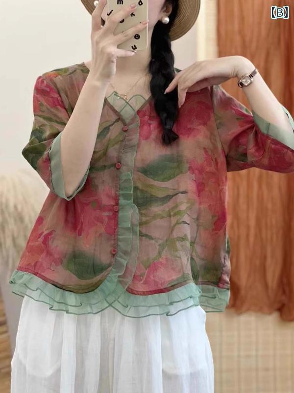 レディース　　シャツ　トップス コットンと リネンの 半袖 シャツ 女性用 2025夏 Vネック ゆったり 花柄 リネンシャツ