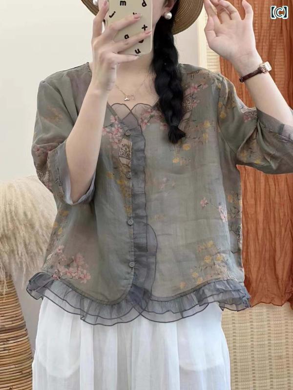 レディース　　シャツ　トップス コットンと リネンの 半袖 シャツ 女性用 2025夏 Vネック ゆったり 花柄 リネンシャツ