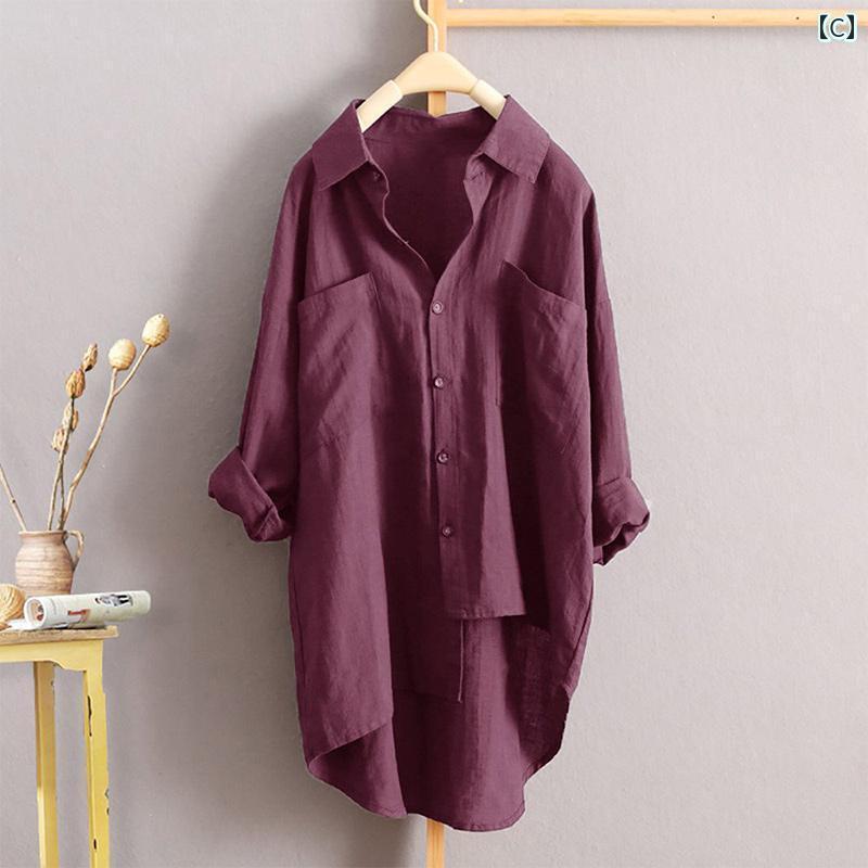 レディース　　シャツ　トップス イタリア テール グッズ カット ラベル レディース ゆったり 大きいサイズ ミドル 丈 リネン トップス 綿 麻 長袖 シャツ