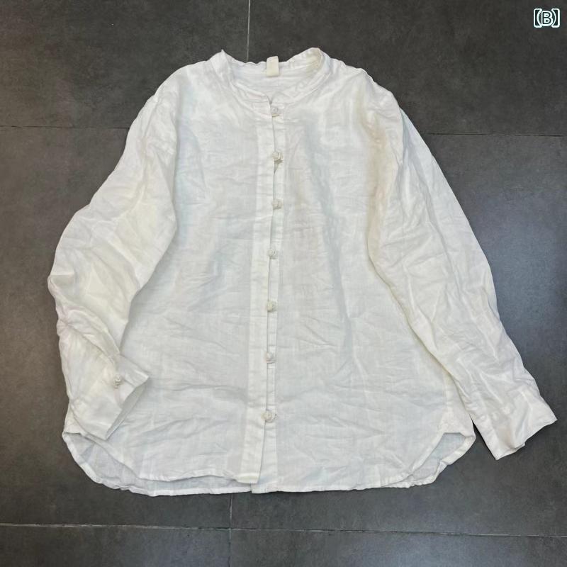 レディース　　シャツ　トップス Dachang Fanmiao 8666 ダメージ 加工 リネン レトロ スタイル ボタン 付き シャツ レディース ゆったり 大きいサイズ カジュアル 春夏