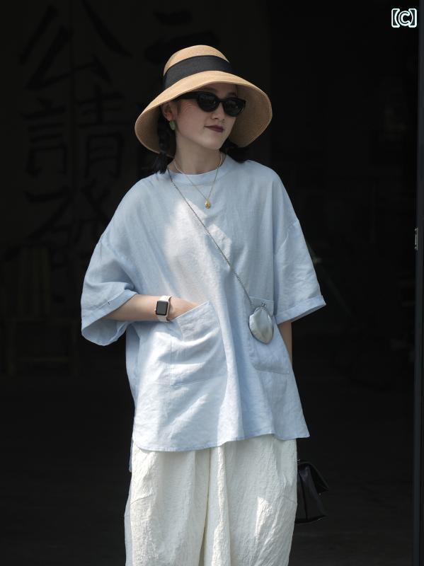 レディース　　シャツ　トップス 春秋に 着る レディースの フレンチ アコーディオン プリーツ リネン 長袖 シャツ。 ゆったりと して カジュアル ダブル ポケットの コットンと リネンの カーディガン トップス。