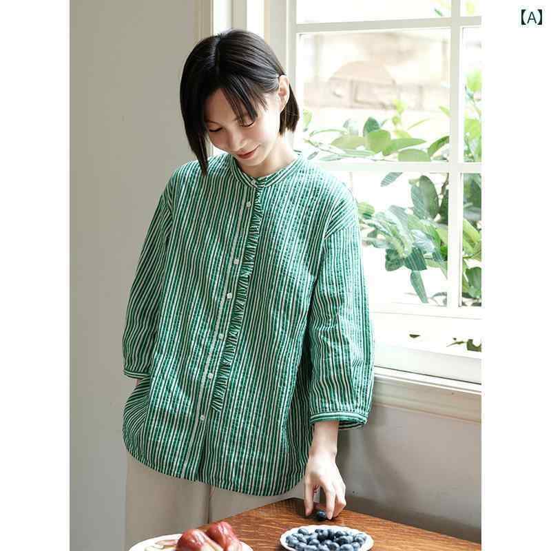 　トップス　レディース　シャツ 高 密度 糸 染め ジャカード リネン コットン 夏 薄手 ミント マンボ スタイル ストライプシャツ トップス 女性用 Ke Ran Jue