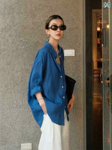 トップス レディース シャツ 和風 MUJ トップス リネン コットン ブルー シャツ レディース 秋 日焼け防止 長袖 ゆったり トップス レディース シャツ 和風 MUJ トップス リネン コットン ブルー シャツ レディース 秋 日焼け防止 長袖 ゆったり