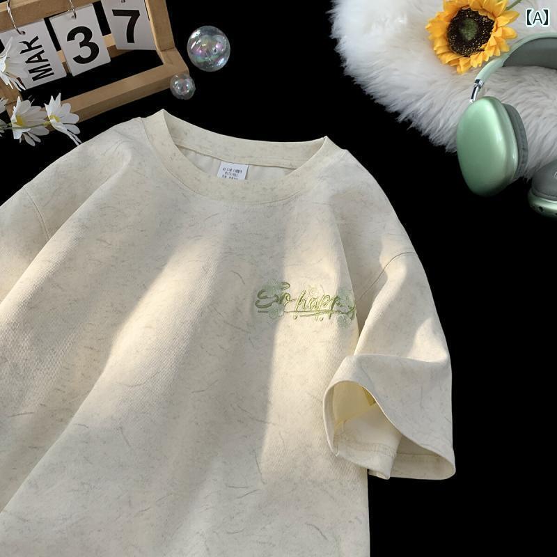 　Tシャツ　メンズ　おしゃれ 花 刺繍の 厚手 半袖 Tシャツ メンズ 夏 2025 アメリカ ゆったりした テ..