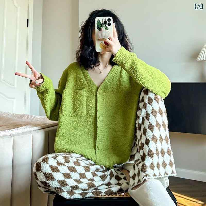　パジャマ　レディース　上下 シンプルの チェック 柄の ズボンの パジャマの レディース 秋冬 半面の ベルベットの 厚手は 柔らかい カーディガンの ホームウェアと して 着用 できます
