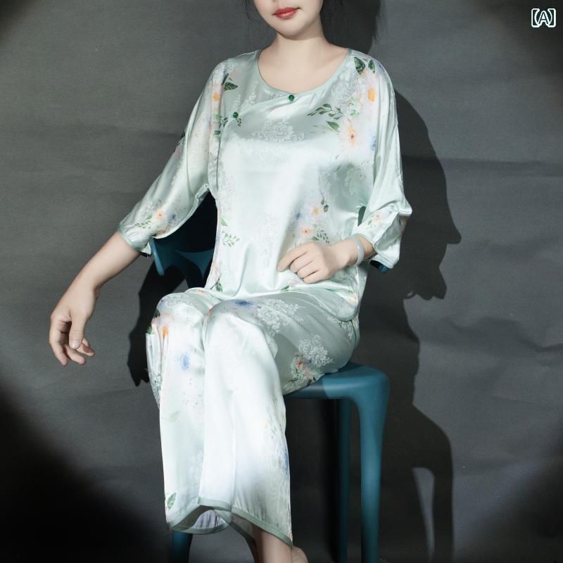 　パジャマ　レディース　上下 シルクパジャマ 新 チャイナ風 ジャカード 春夏 七分袖 ホームウェア 桑 シルク スーツ 年長者や 母親への 贈り物