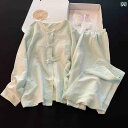 パジャマ レディース 上下 春秋 女性用 クラウド コットン パジャマ 長袖 胸 パッド 付きの 大きいサイズ カーディガン 屋外で 着用 可能 グリーンの 民族 風 スーツ ホームウェア
