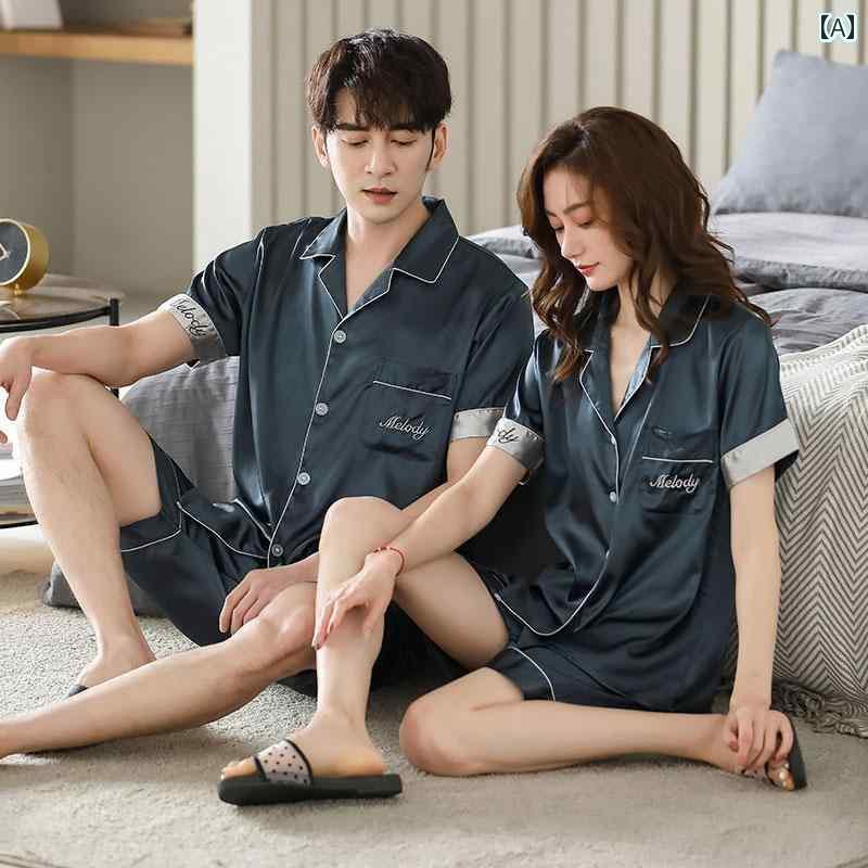 　パジャマ　レディース　上下 高級 カップル パジャマ 春秋 スタイル 冷感 半袖 シルク 夏 男女 ホー..