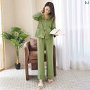 パジャマ レディース 上下 春秋 パジャマ レディース 薄手 コットン 長袖 パンツ カーディガン グリーン シンプル ゆったり 無地 ホームウェア セット