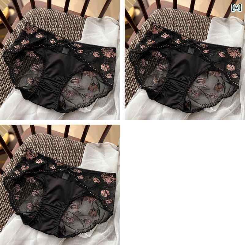 　ボクサーパンツ　下着　ショーツ ローウエストの 透明な 刺繍の 花 三角 ショーツ チャイナ ドレスの レトロで 軽い 高級 レース パンティーの 3点 セット