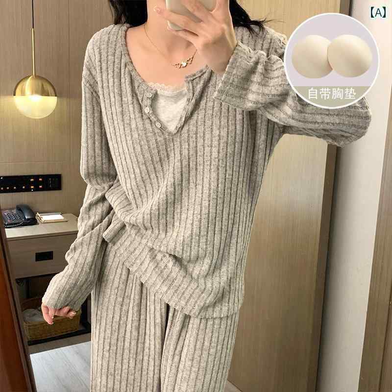 レディース　パジャマ　スウェット　上下 春秋 な パジャマ レディース 無地 ピット ストライプ 起毛 コットン 胸 パッド 付き 長袖 冬 ホーム 服 スーツ