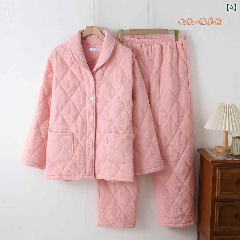 レディース　パジャマ　スウェット　上下 秋冬 男女兼用 暖かい 6 層 ガーゼ 厚手 コットンカーディガン グリーン カラー ボタン パジャマ ホームウェア ツーピース スーツ