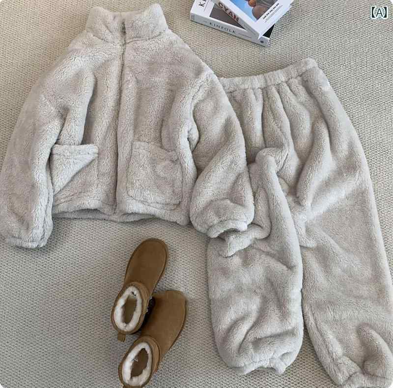 レディース　パジャマ　スウェット　上下 両面 北極 ベルベット 冬 ホーム 服 暖かい スーツ パジャマ 女性 2024 ジッパー 長袖 厚手