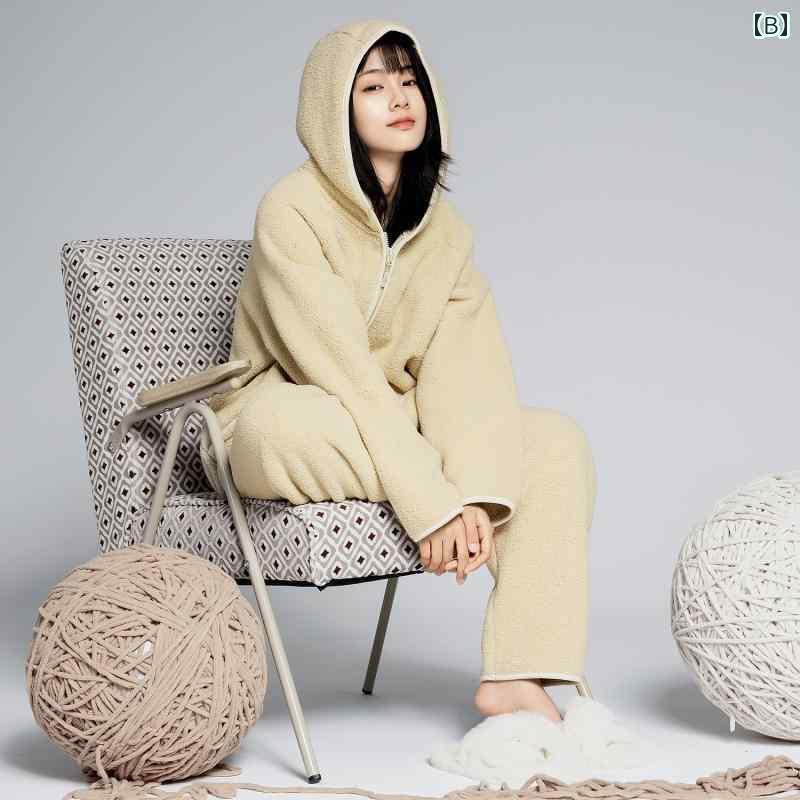 レディース　パジャマ　スウェット　上下 2024 秋冬 雲 ベルベット フード付き パジャマ 裏起毛 厚手 カーディガン ジッパー ダブル ポケット ゆったり ホームウェアと して 着用 可能