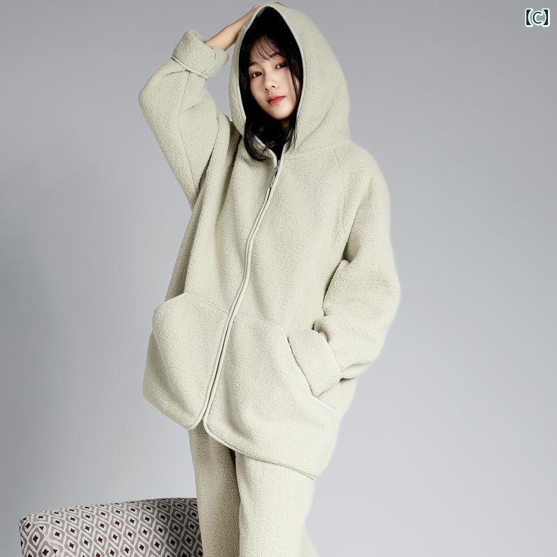 レディース　パジャマ　スウェット　上下 2024 秋冬 雲 ベルベット フード付き パジャマ 裏起毛 厚手 カーディガン ジッパー ダブル ポケット ゆったり ホームウェアと して 着用 可能