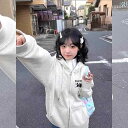 パーカー フード付き ニット 秋冬 かわいい 子猫 プリント フード付き カーディガン セーター 女子 学生 太め mm 裏起毛 トップ 大きいサイズ コート ...
