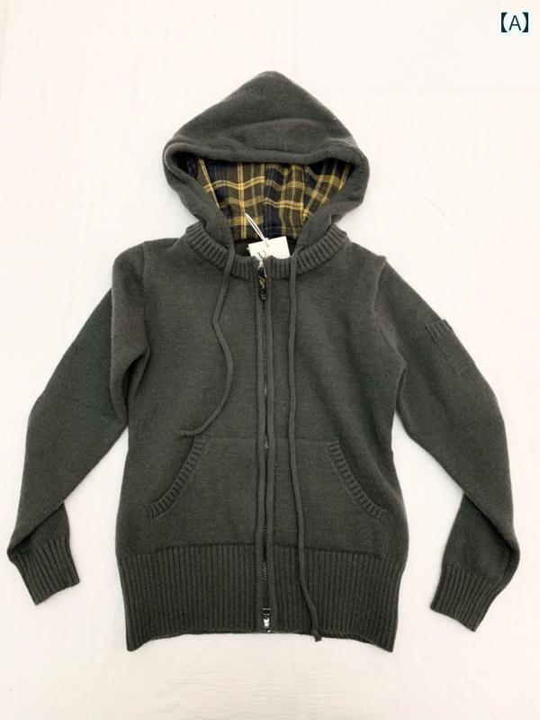 パーカー　フード付き　ニット レトロ パッチワーク チェック 柄 ジッパー パーカー ショート スリムフ..