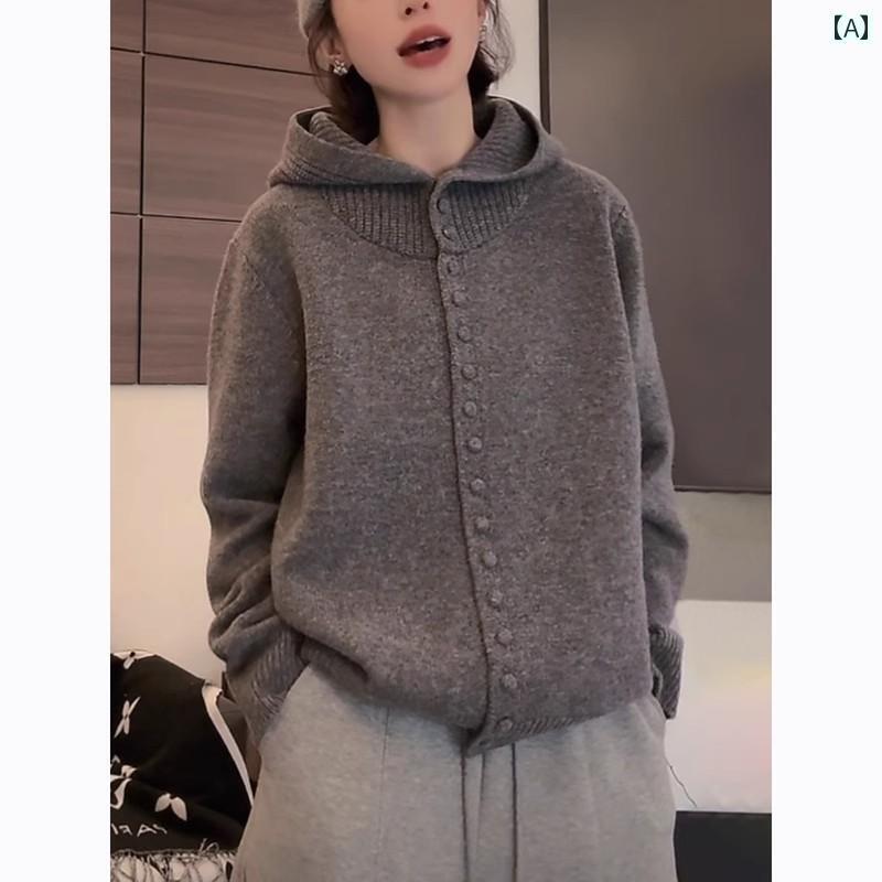 パーカー　フード付き　ニット レディース 大きいサイズ グレーの フード付き セーター 春向け スタイ..