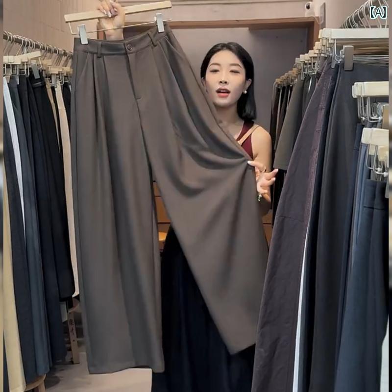 レディース　ジーンズ　ハイウエスト 小柄な 洋 ナシ型の 体型の 女性向け ダークブラウンの 細身の ストレート スーツ パンツ。 ハイウエスト ゆったり ドレープ カジュアル ワイド レッグ