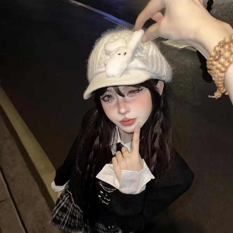 帽子　うさぎ耳　かわいい かわいい 小さい ウサギの 創造的な ウール ニット ベレー 帽 秋冬 女の子 暖かい 帽子は 顔を 見せ ベルベットの 八角形の 帽子