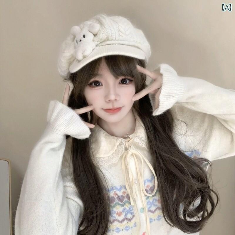 うさぎ耳　帽子　かわいい ホット ガール ガールの 昔ながらの かわいい ウサギの 耳の ウール ニット 八角形 ベレー 帽 暖かい 2024 秋冬