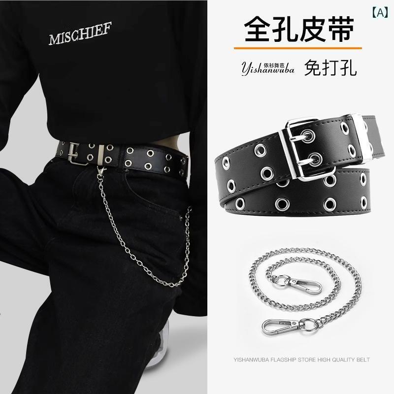 レディース　ベルト　カジュアル フル ホール ベルト 女性用 ヒップ ホップ パンク 二 列 パンツ クール チェーン 装飾 幅 広 男性 ファッション アメリカン スタイル