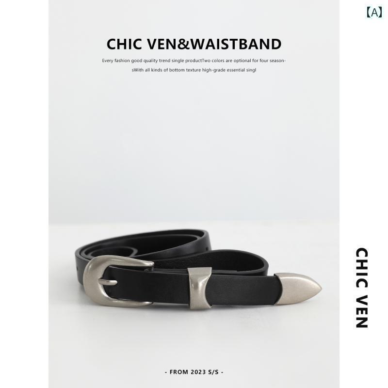 レディース　ベルト　カジュアル CHICVEN 夏 休み レトロ ブラック アクセサリー ベルト メタル アンティーク調 シルバー バックル 装飾 ピン