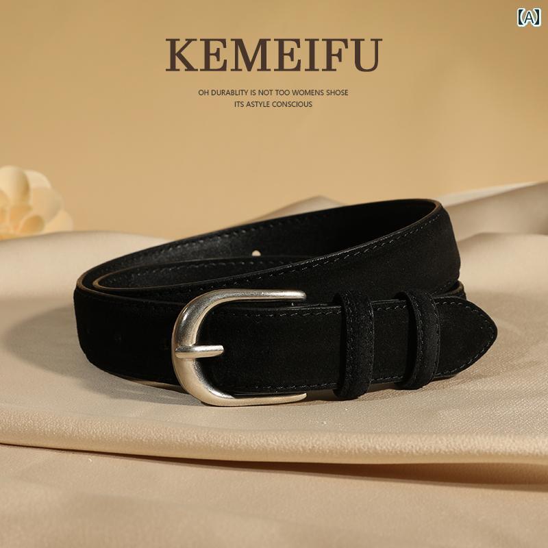 レディース　ベルト　カジュアル 女性用 ベルト ジーンズに 合う 革 牛革 スエード レトロアンティーク シルバーバックル