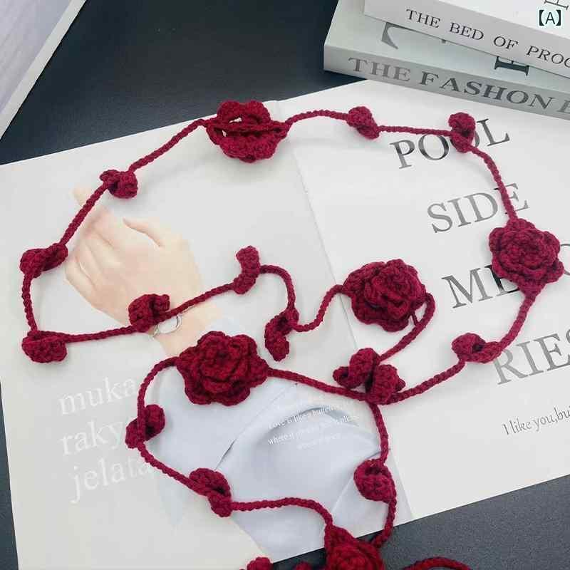 レディース　ベルト　カジュアル Y2K ニット レッドローズ ベルト レディース アクセサリー スカート 編み ネック 装飾 ネックレス