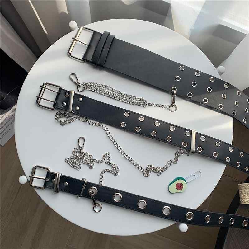 レディース　ベルト　カジュアル な アメリカン フル ホール ベルト 女性用 ヒップ ホップ パンクな 2 列 パンツ クール チェーン 装飾 幅広 メンズ