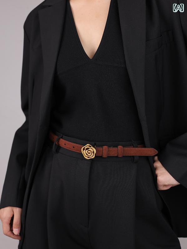 レディース　ベルト　カジュアル 精巧 レイ ヤードの 美しさ ローズ バックルの 美しい ベルト ワイン ..