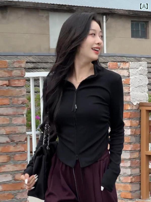 フリース　トップス　ジッパー レディース ブラック スタンドカラー ジッパー スウェットシャツ 2025秋 ファッション スリムフィット 万能 ショート ジャケット 長袖 トップス