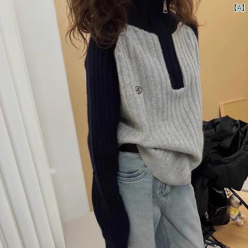 フリース　トップス　ジッパー アウトレット カウンター ハーフ ジップ 胸 文字 刺繍 ニット セーター ウール レディース 秋冬