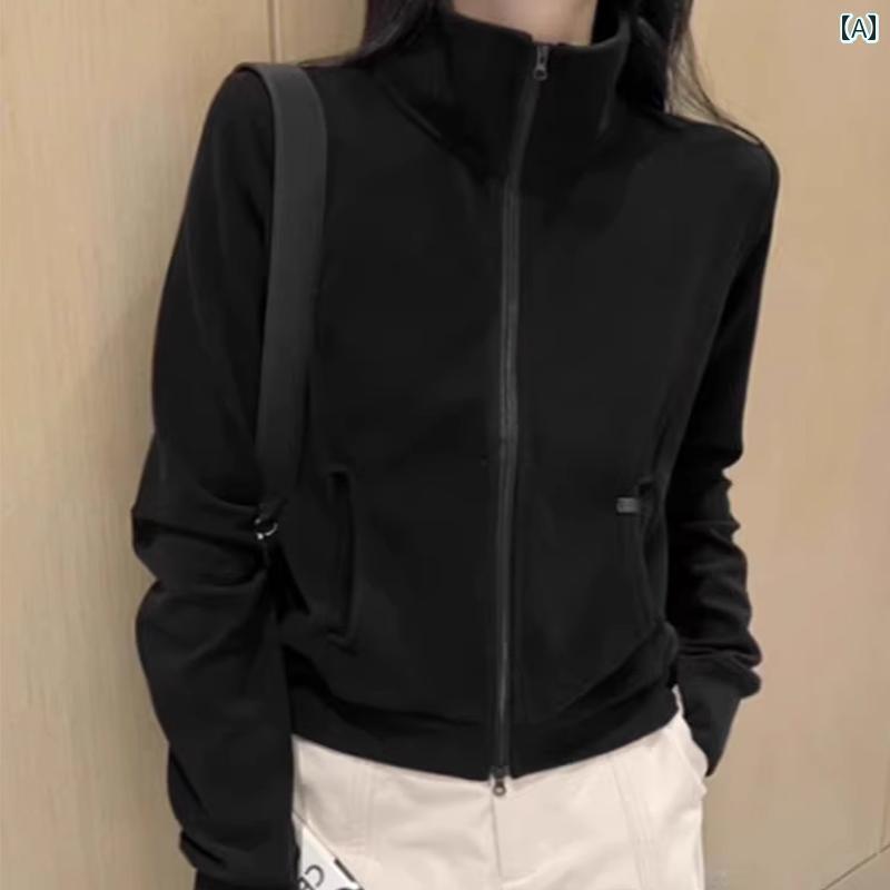 ジッパー　ジャケット　カジュアル ブラック ドイツ ベルベット スタンドカラー ダブル ジッパー スポーツ スウェットシャツ レディース 2025 新 ホット スタイル ショート スリム カーディガン トップ ジャケット