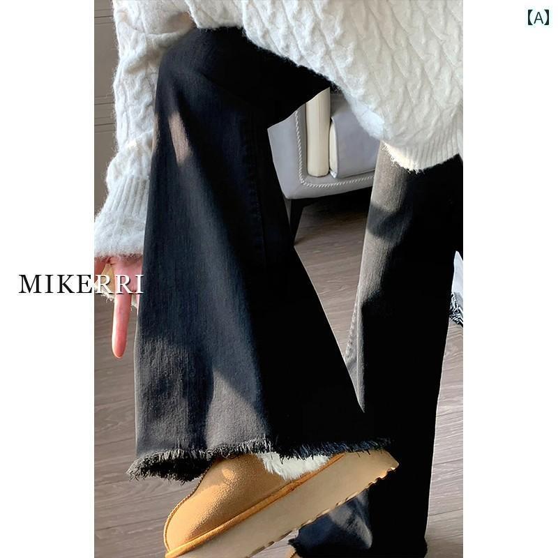 ボトムス　レディース　スリム レディース 秋冬用 ブラック ロー エッジ フレアジーンズ 裏起毛 大きめ サイズ mm ハイウエスト スリム 洋 ナシ シェイプ フレアパンツ(4)