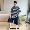 ストライプ パジャマ スウェット ストライプの カップルの 夏の パジャマ 大きいサイズ 200 斤 カジュアル 半袖 ズボン プラス 太った 特大 ホーム 服...