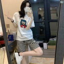 ストライプ パジャマ スウェット 綿の 白い パジャマ レディース 夏の 半袖 ショート パンツ 学生 ストライプ ツーピース セット 綿は 外で 着用 できる...