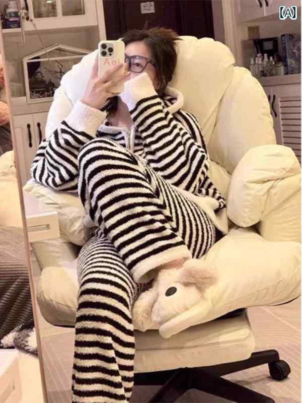 ストライプ　パジャマ　スウェット 24 ハーフ エッジ ベルベット 秋冬 パジャマ 裏起毛の 厚手な ゼブラ ストライプ レディース ホーム 服 スーツ