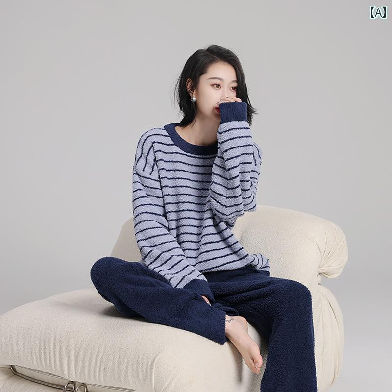 ストライプ　パジャマ　スウェット 女性用 ベルベット パジャマ カップル 秋冬 ハーフ 裏起毛 厚手 冬 ..