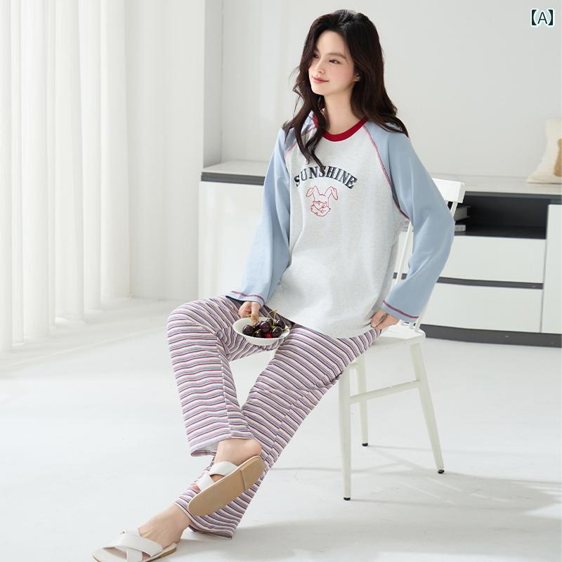 ストライプ　パジャマ　スウェット 春秋 女性用 パジャマ カテゴリー A 綿の 長袖 ホームウェア カラー..