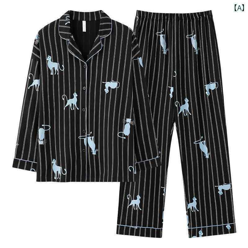 ストライプ　パジャマ　スウェット 江 宜 綿 A級 パジャマ カップル ストライプ ブルー 猫 長袖 ホーム..